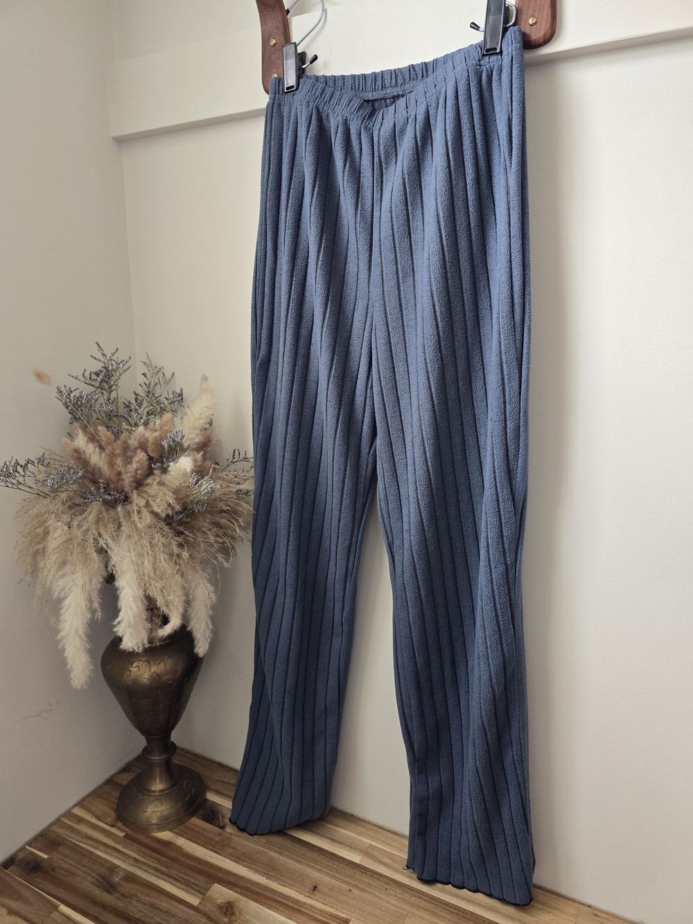 Blue Ribbed Knit Wide-Leg Pants